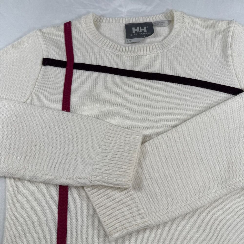 Vtg. Helly Hansen Cream Colored Crewneck Sweater Accent Stripes Ribbed Knit